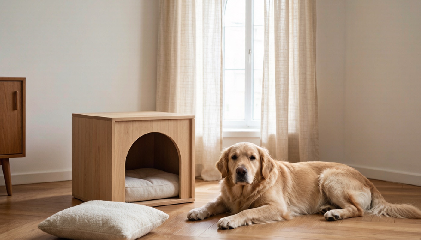 Cuccia in legno HelloNova in un soggiorno luminoso con un cane a riposo